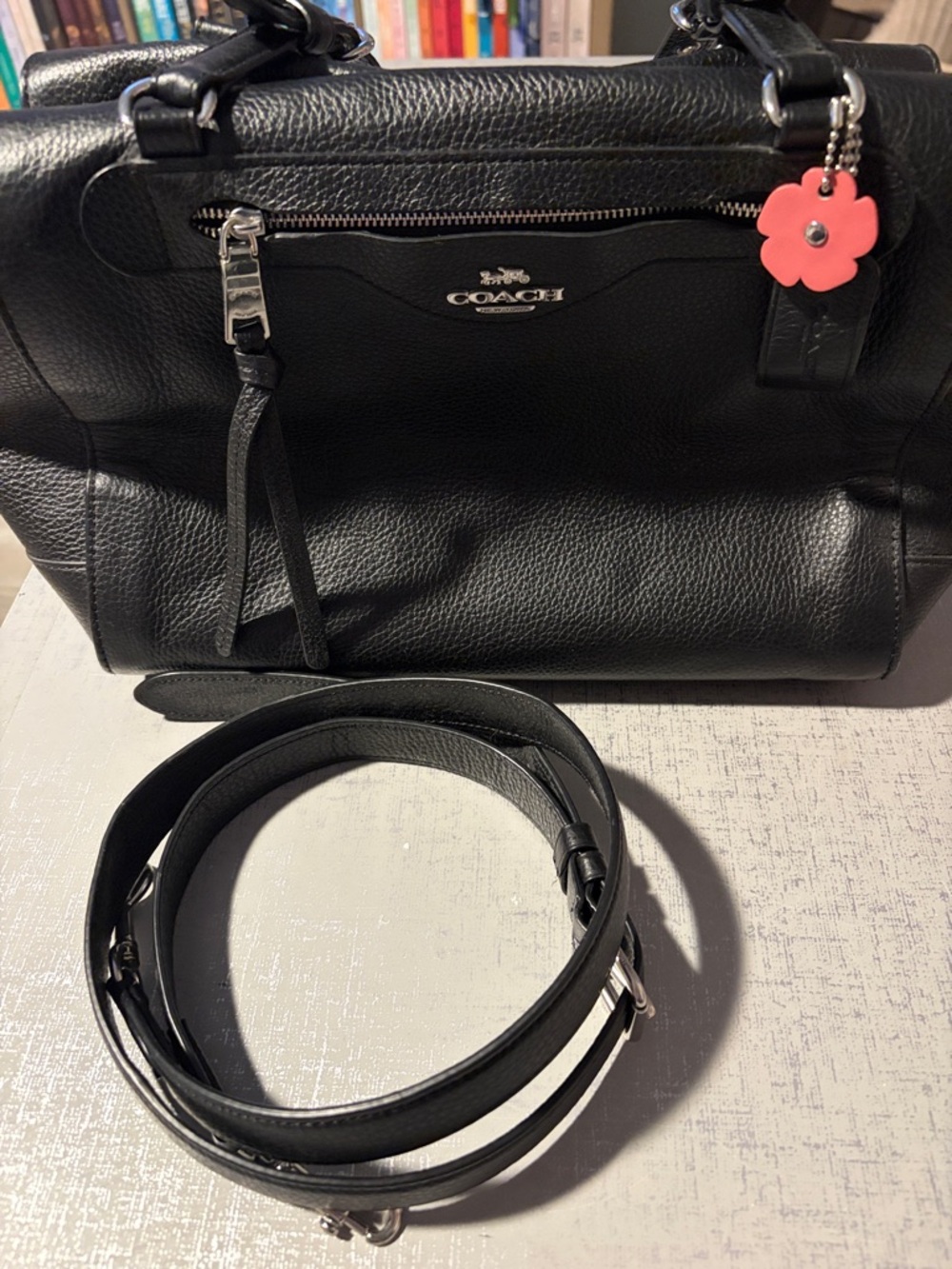 Coach Black Pebbled Leather Shoulder Satchel with Pink Flower Charm